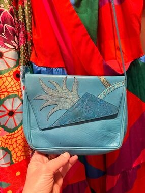 Vintage Paterson Teal Blue Leather Crossbody Bag with Decorative Flap